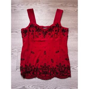 Dressbarn Petite Red Beaded Floral Tank Top Sleeveless V-Neck Scalloped Hem PXL